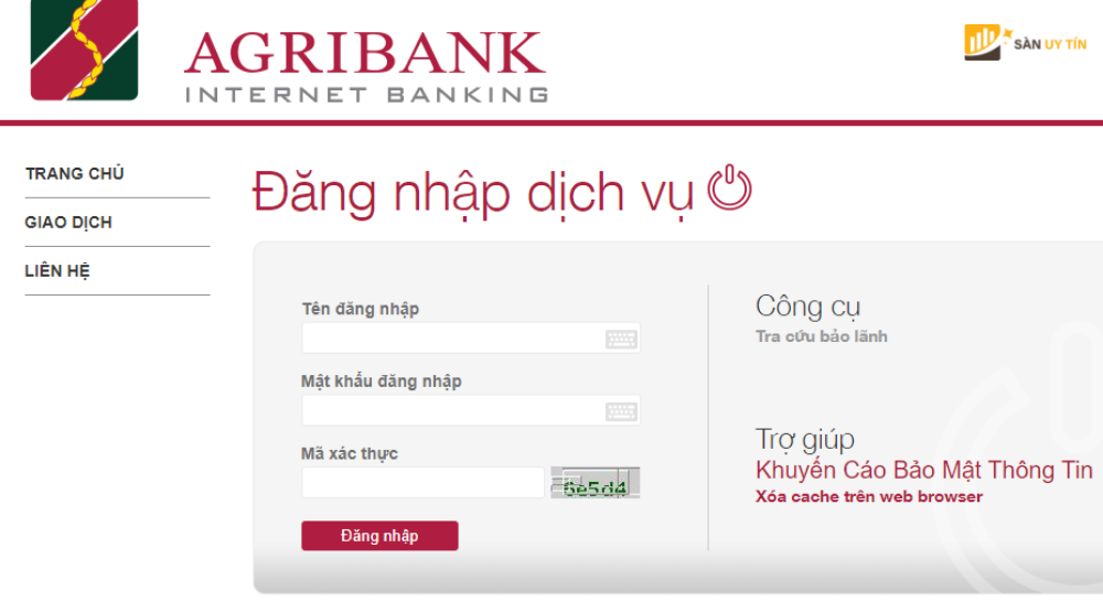 Giao diện đăng nhập của ngân hàng Agribank