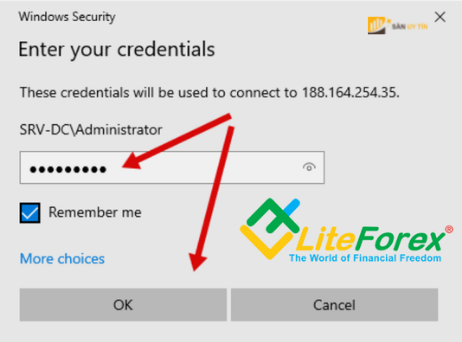 Nhập mật khẩu mà LiteForex gửi về Email của trader giống trong hình 