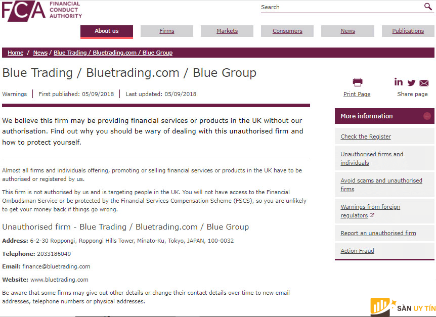 co quan tai chinh FCA tung dua ra canh bao ve Blue Trading lua dao