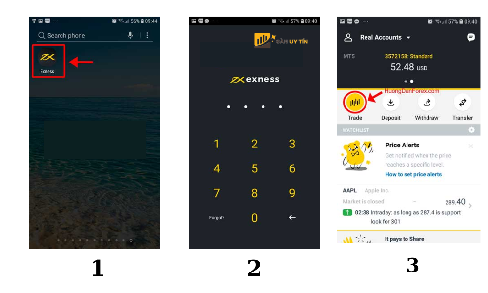 Buoc 1 Dang nhap vao ung dung Exness Trader